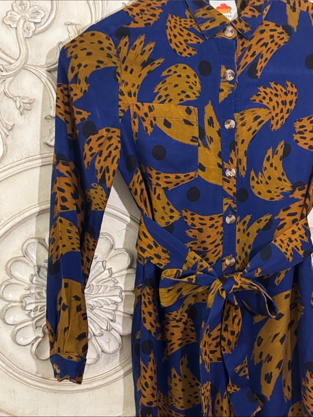 Farm Rio Banana Blue & Brown Printed Jumpsuit with Tie Waist Size Small - Picture 6 of 16